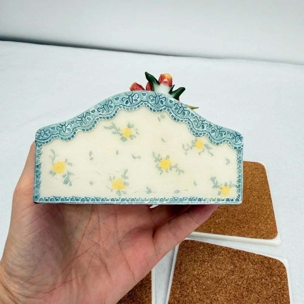 Richesco Corporation Coaster Set Blue White Teapot Floral 5 Piece Set ***READ**